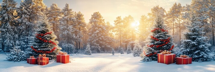winter holiday scene, a snowy forest transforms into a winter wonderland with christmas trees adorned with red garlands and gifts in red boxes, perfect for customized messages