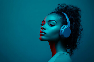 Trendy Womans Neon Blue Headphones with Solid Neon Green Background Fashionable Lifestyle Portrait with Bold Appeal