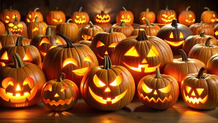 Fototapeta premium Glowing Carved Pumpkins in a Spooky Pumpkin Patch
