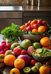vibrant elements displayed spotless kitchen countertops featuring colorful fresh decorative kitchenware inviting culinary atmosphere, fruits, vegetables, design