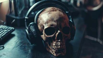 Artistic skull with vintage headphones, retro vibe, soft focus