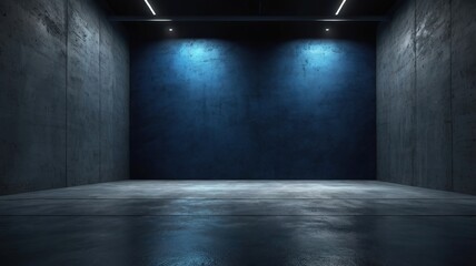 Free Photo Empty Dark white Studio Background and black Floor Concrete perspective with blue soft light well editing Floor Display product and text present on Wall Room