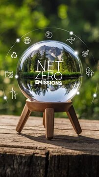 Globe Glass with Net zero icons In Green Forest.Circular economy concept for future business growth and environmental sustainability and reduce pollution for future business and environmental growth..