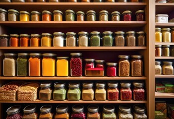vibrant well stocked pantry displaying diverse array colorful food options including canned snacks, spices, grains, goods, jars, containers, organization