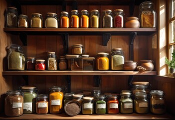 colorful shelves brimming variety kitchen ingredients essentials displaying abundance culinary staples, vibrant, diverse, food, spices, herbs, grains, pasta