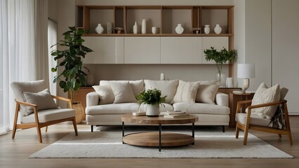 A modern, minimalist living room featuring a central beige sofa with multiple cream-colored cushions, flanked by two wooden armchairs with light fabric upholstery