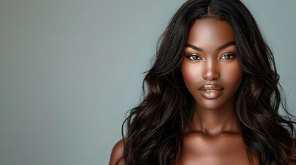 portrait of confident black woman with long shiny hair, lipstick, make-up. Haircare, beauty and cosmetics concept.