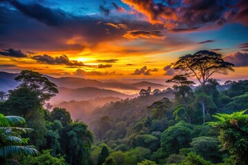 Silhouette of abundant lush rainforest in South America depicted at dusk with the vibrant colors of the sunset casting a gentle glow on the dense vegetation and towering trees, abundant