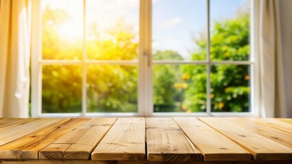 Wood table in focus, blurred curtain and sunlit green garden background, perfect for product display.