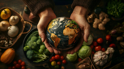 holding a globe in their hands surrounded by vegetables