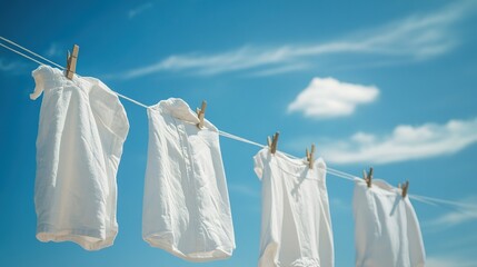 Clean clothes hanging on washing line against a blue sky background. Drying laundry. A laundry concept.