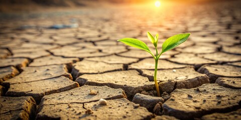 nature, survival, growing, arid, determination, new life, plant, hope, tilted angle, A sprout plant bravely emerging from cracked and parched earth leaning at a tilted angle