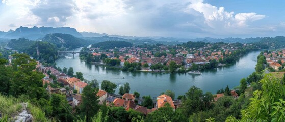 Naklejka premium Serene Riverside Townscape: Panoramic View of Picturesque Town Along Flowing River