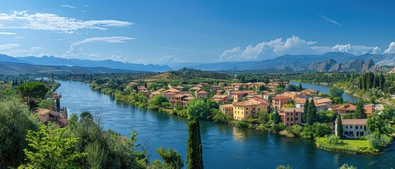 Obraz premium Serene Riverside Townscape: Panoramic View of Charming Town with Flowing River