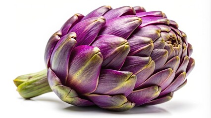 Obraz premium Fresh purple artichoke isolated on white background photographed at a tilted angle, vegetarian, white background, natural, healthy, fresh, food, ingredient, isolated, edible, organic