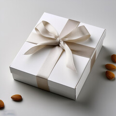 a box of nuts with a ribbon tied around the top