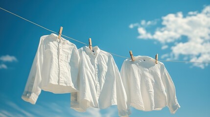 Clean clothes hanging on washing line against a blue sky background. Drying laundry. A laundry concept.