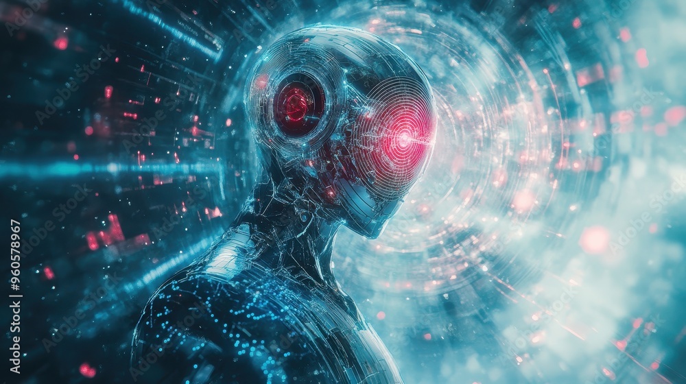 Poster digital evolution: futuristic robot as holographic ai entity with illuminated patterns