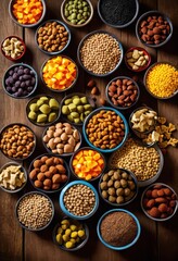colorful pet food variety displayed rustic wooden background showcasing different flavors textures pets, snacks, treats, vibrant, colors, kibble, bowl