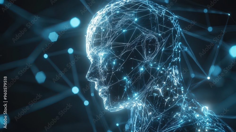 Poster futuristic holographic robot network with glowing lines and digital intelligence patterns
