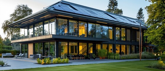 Obraz premium Futuristic Eco-Friendly Architecture with Solar Panels Providing Sustainable Energy Solutions