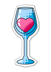 Heart wine glass for Valentine Day. Holiday romantic sticker and love symbol.