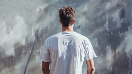 Obraz premium A back view photo of a man in a white t-shirt and dark short hair, painting the wall with gray color during some renovation work