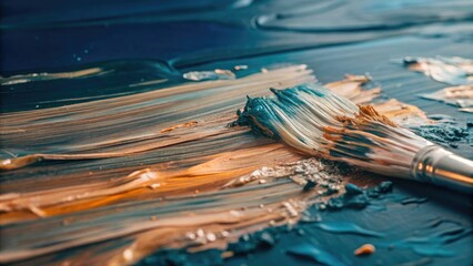 Fototapeta premium A paintbrush glides through a vibrant blue and orange mix.