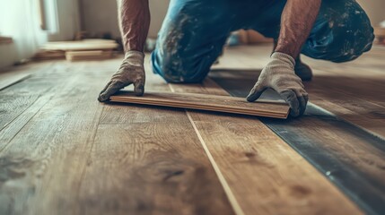 A closeup photo of a male worker in gloves laying wooden flooring in the living room of an apartment, focused on rolling out planks with his hands