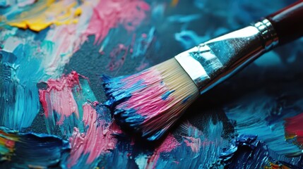 Obraz premium Close-up shot of a paintbrush with blue, pink and yellow colors on dark background