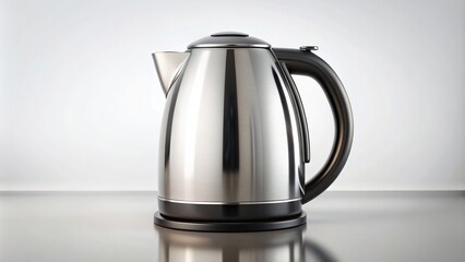 Fototapeta premium cordless, home, white background, steam, electric, An electric tea kettle is placed on a clean white background with its shiny metallic surface reflecting the surrounding environment