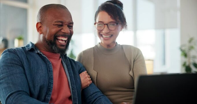Laptop, surprise and happy couple celebrate winning lottery, betting success or loan application approval. African man, woman and excited for good news, victory or email for financial freedom in home - Powered by Adobe