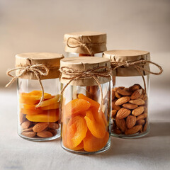 three glass jars with almonds and almonds on them.