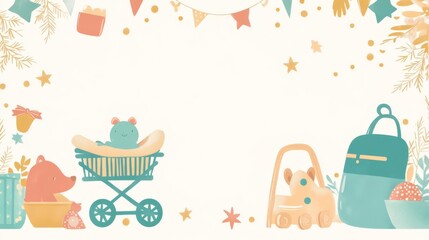 Colorful baby shower invitation or greeting card with cute animals, stroller, and party decorations in pastel colors.