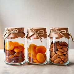 three glass jars with almonds and almonds on them.