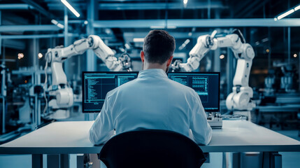 Modern software engineer working at his desk with advanced robotics in a high-tech enterprise