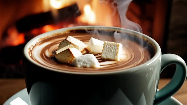 360-degree cinematic side view of rotating steaming hot chocolate, marshmallows melting on top, creating cozy atmosphere and inviting warmth in mesmerizing display