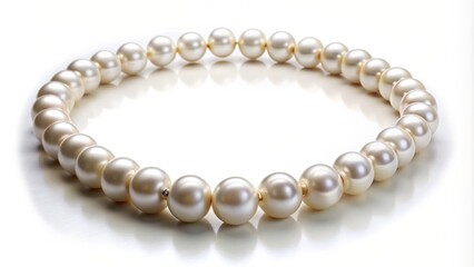 A round graduated luster pearl necklace is elegantly showcased on a white background captured from a tilted angle, accessory, fashion, elegance, glamour, beauty, tilted angle,round