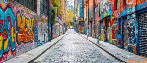 Fototapeta premium Vibrant Urban Alleyway: Graffiti Art and Cultural Diversity in City Streets