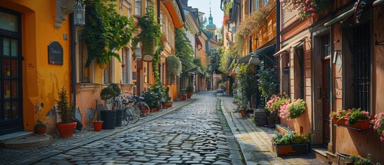 Fototapeta premium Charming Old Town Scene: Cobblestone Streets and Historic Buildings in a Quaint Setting