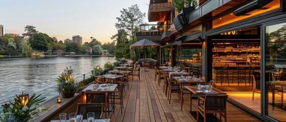 Serene Waterfront Dining Experience with Outdoor Seating and Scenic Views