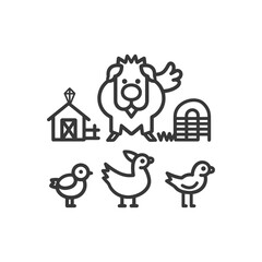 Line art illustration of a rooster chickens a barn and a coop