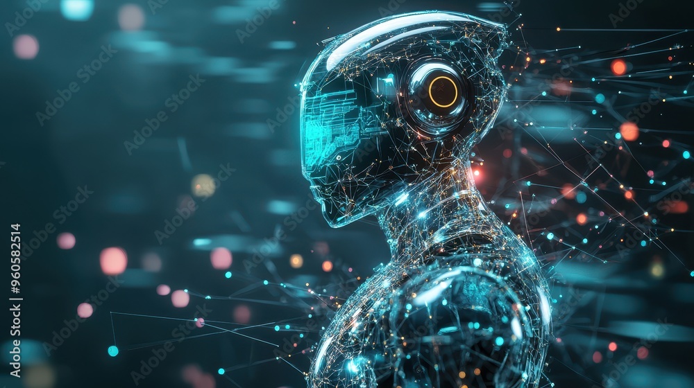 Poster futuristic holographic robot connected to glowing network of lines and abstract patterns symbolizing