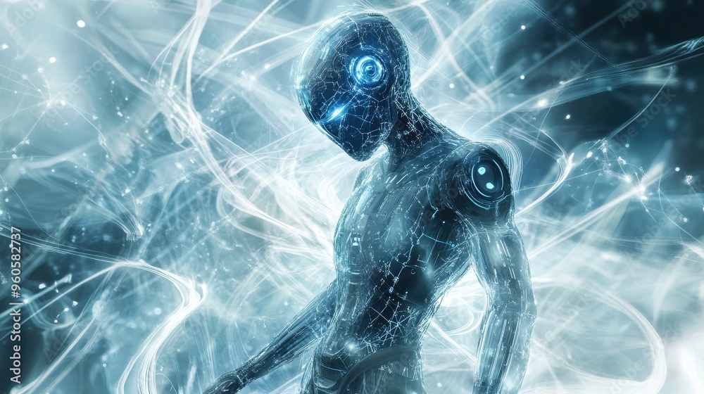 Poster futuristic holographic robot in a digital realm of light patterns and interconnected lines, symboliz