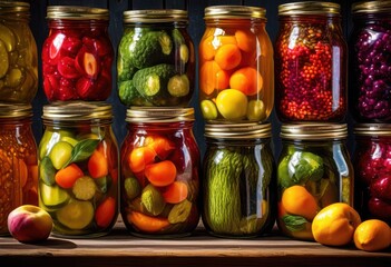 colorful display vibrant jars filled assorted pickled fruits vegetables showcasing variety textures colors, pickles, glass, food, preservation, ingredients