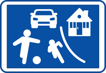 Blue Residential Area Sign. Square Road Sign. House, Car, and Kids Playing Football. Vector Icon