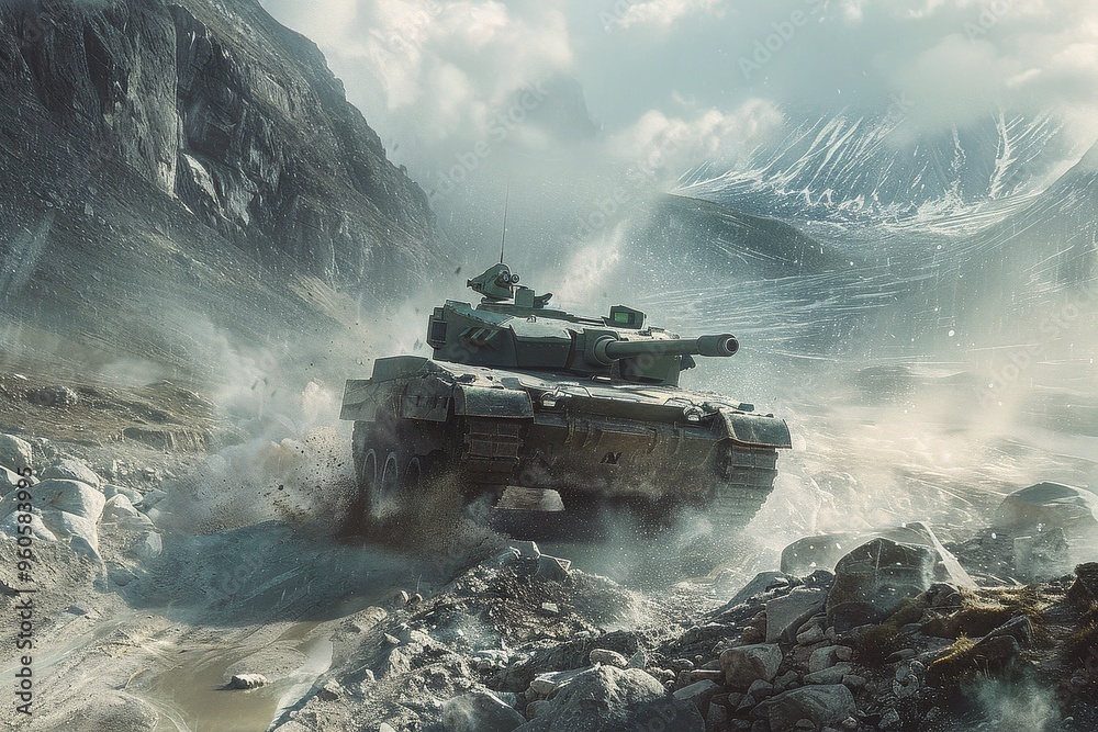 Wall mural Army Tank Navigating Challenging Terrain