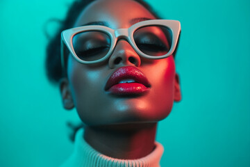 Stylish Woman in Light Gray Eyewear with Solid Neon Teal Background Bold Lifestyle Portrait © Blockbits