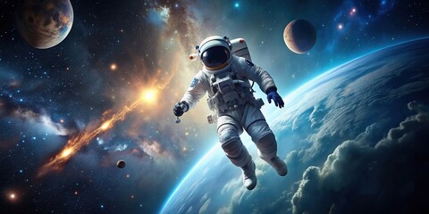 Fototapeta premium deep space, adventure, cosmic, discovery., stars, darkness, exploration, isolated, Astronaut floating in the vastness of outer space surrounded by darkness and celestial objects
