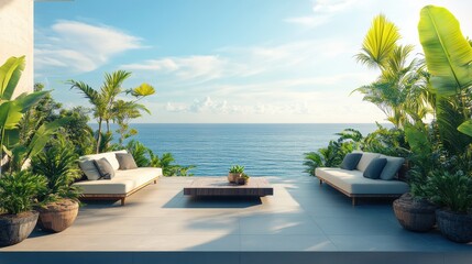 Fototapeta premium luxurious waterfront living concept with rooftop garden, ocean view, modern furniture, and lush green plants banner